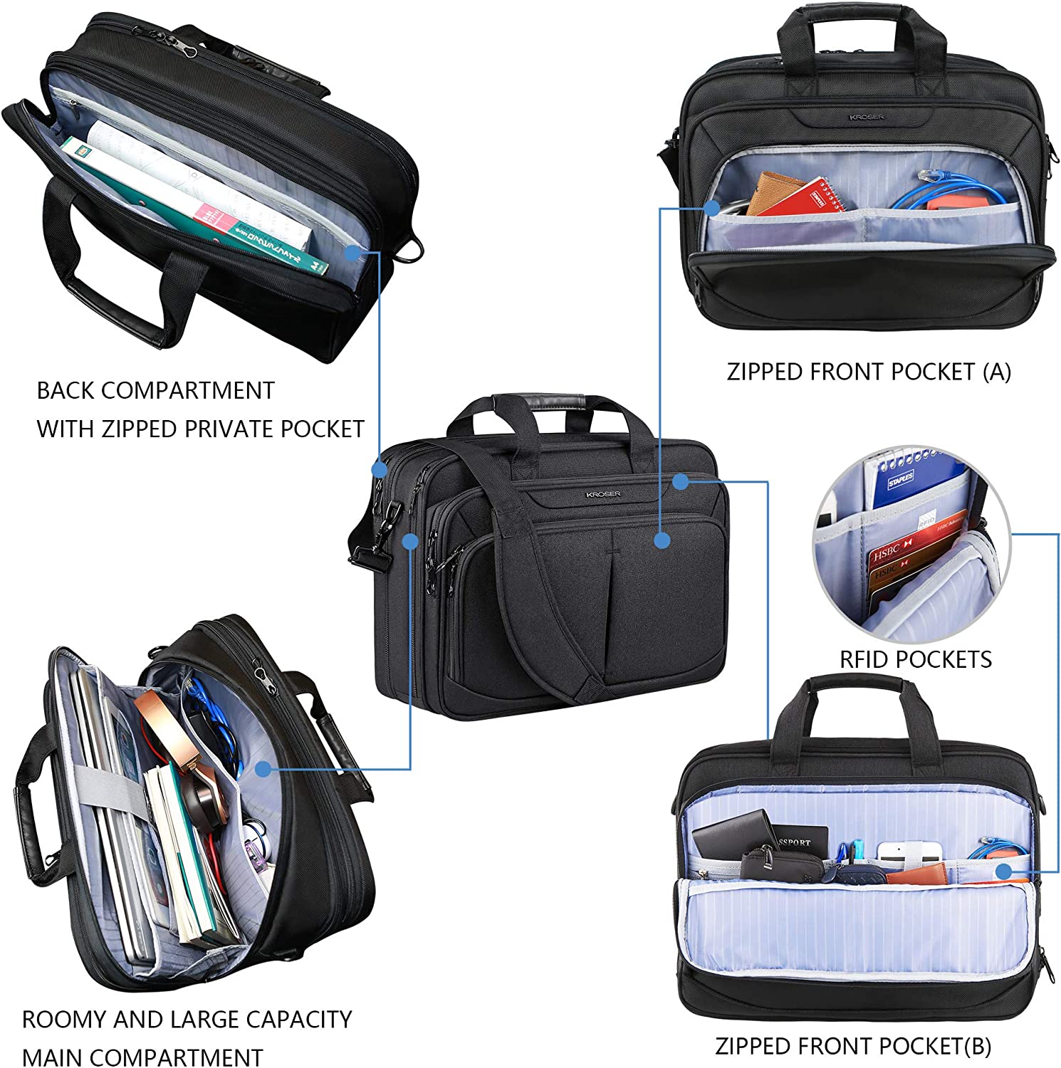 KROSER Laptop Bag Expandable Lightweight Briefcase for 17.3" Laptop Premium Business Work Bag Water-Repellent Messenger Bag with RFID Pockets for School/Travel/Women/Men-Black - Image 4